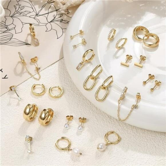 Gold Hoop Earrings Set Women 13 Pairs Huggie Stud Pearl Dangle Lightweight - Picture 6 of 7
